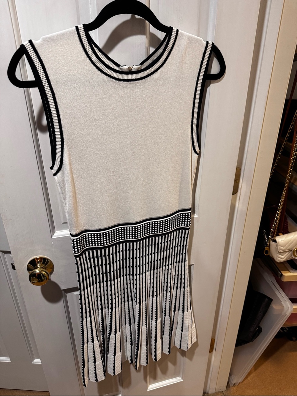 Ted Baker White Sleeveless Knit Midi Dress with Black Trim